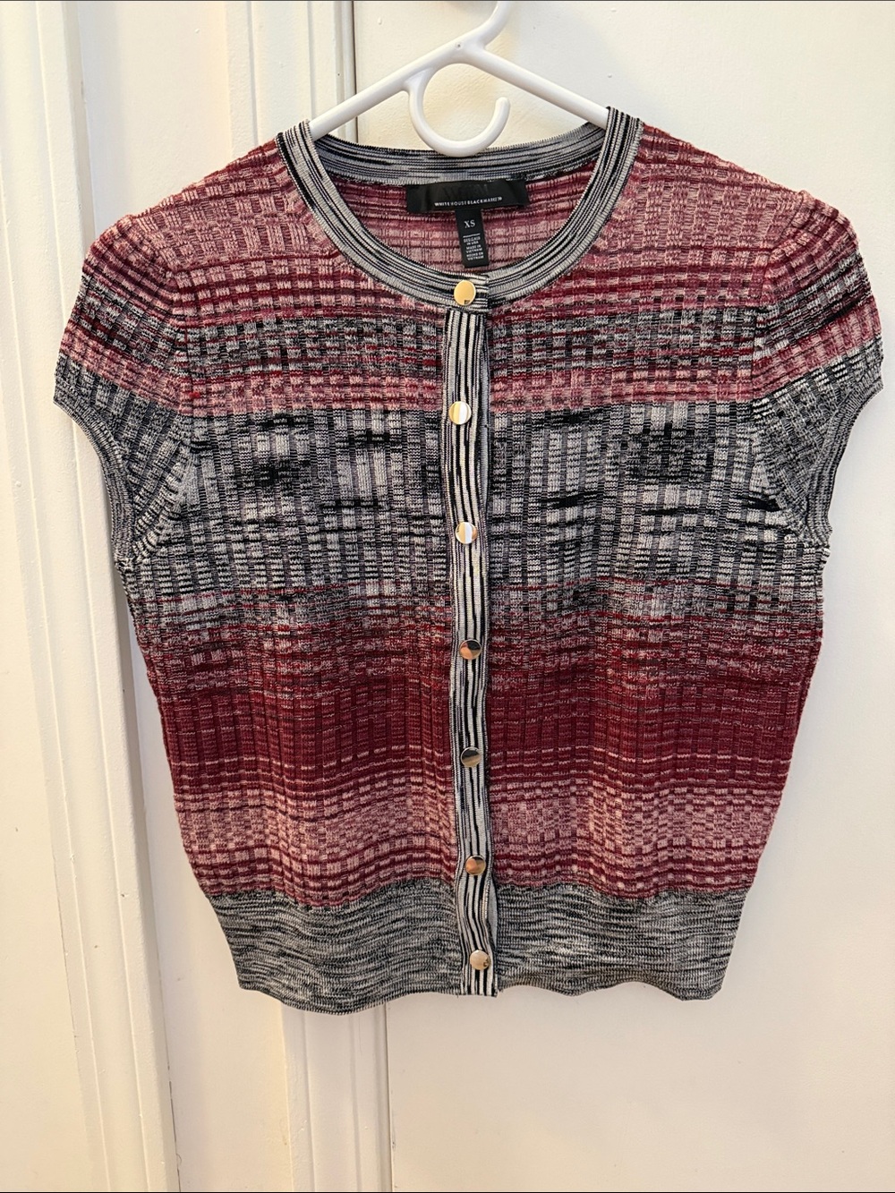 White House Black Market Marled Red and Gray Short-Sleeve Button Front Top